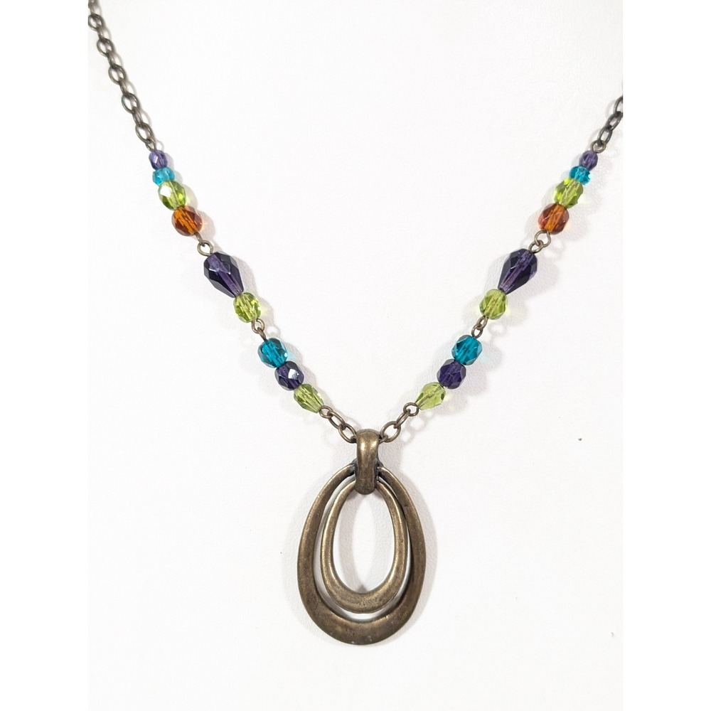 Boho Western CMc Bronze Tone Teardrop Purple Teal Green Glass Necklace 18 in‎